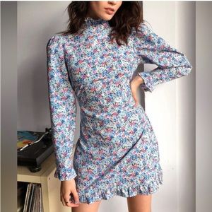 Nasty Gal Floral Long Puff Sleeve Ruffle Mock Neck Size 6 Mini Dress